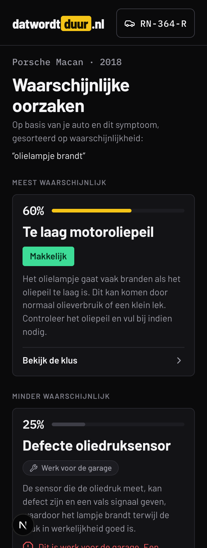 Auto diagnose app datwordtduur.nl: diagnosescherm met waarschijnlijke oorzaken en moeilijkheidsgraad per reparatie